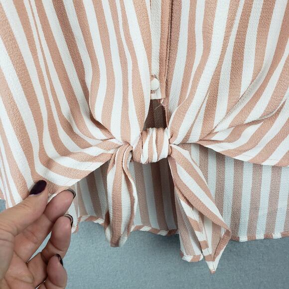 Andree By Unit Size S Ruffle Sleeve Tie Up Button Down Mauve Pink Stripe Beachy - Picture 6 of 9